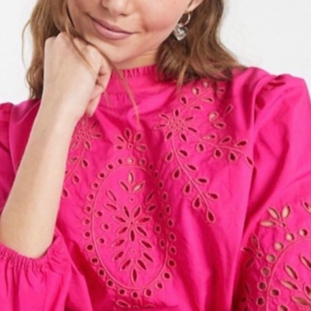 J.Crew Pink Mockneck Cotton Poplin with Embroidered Eyelet-